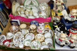 TWO BOXES OF TEAWARES to include eight novelty teapots, a collection of thimbles with a display