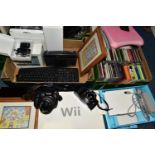 THREE BOXES AND LOOSE WII CONSOLE, PHOTOGRAPHIC EQUIPMENT, CDS, ETC, to include a boxed Wii