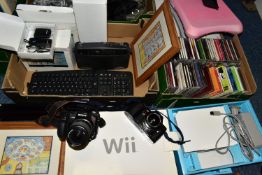 THREE BOXES AND LOOSE WII CONSOLE, PHOTOGRAPHIC EQUIPMENT, CDS, ETC, to include a boxed Wii