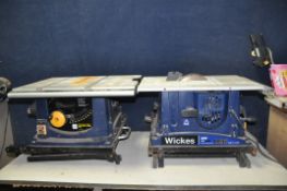 A PERFORMANCE PRO CLM1500TSS PRTABLE TABLE SAW WITH LAZER no blade along with a Wickes table saw,