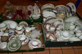 FOUR BOXES OF ASSORTED CERAMICS AND COLOURED GLASS, to include a Wedgwood green Jasperware