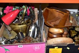 TWO BOXES OF METALWARE AND WOODEN ITEMS to include two brass planters, a desk lamp, a stainless