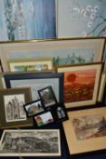 A SMALL QUANTITY OF PAINTINGS AND PRINTS ETC, to include a Scottish watercolour landscape by J.K.