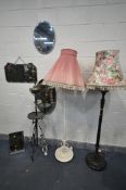 A WROUGHT IRON ART NOUVEAU CONVERTED OIL LAMP, height 137cm, two standard lamps with shades, four