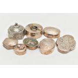AN ASSORTMENT OF SILVER AND WHITE METAL TRINKET BOXES, to include a silver abalone shell oval