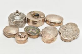 AN ASSORTMENT OF SILVER AND WHITE METAL TRINKET BOXES, to include a silver abalone shell oval