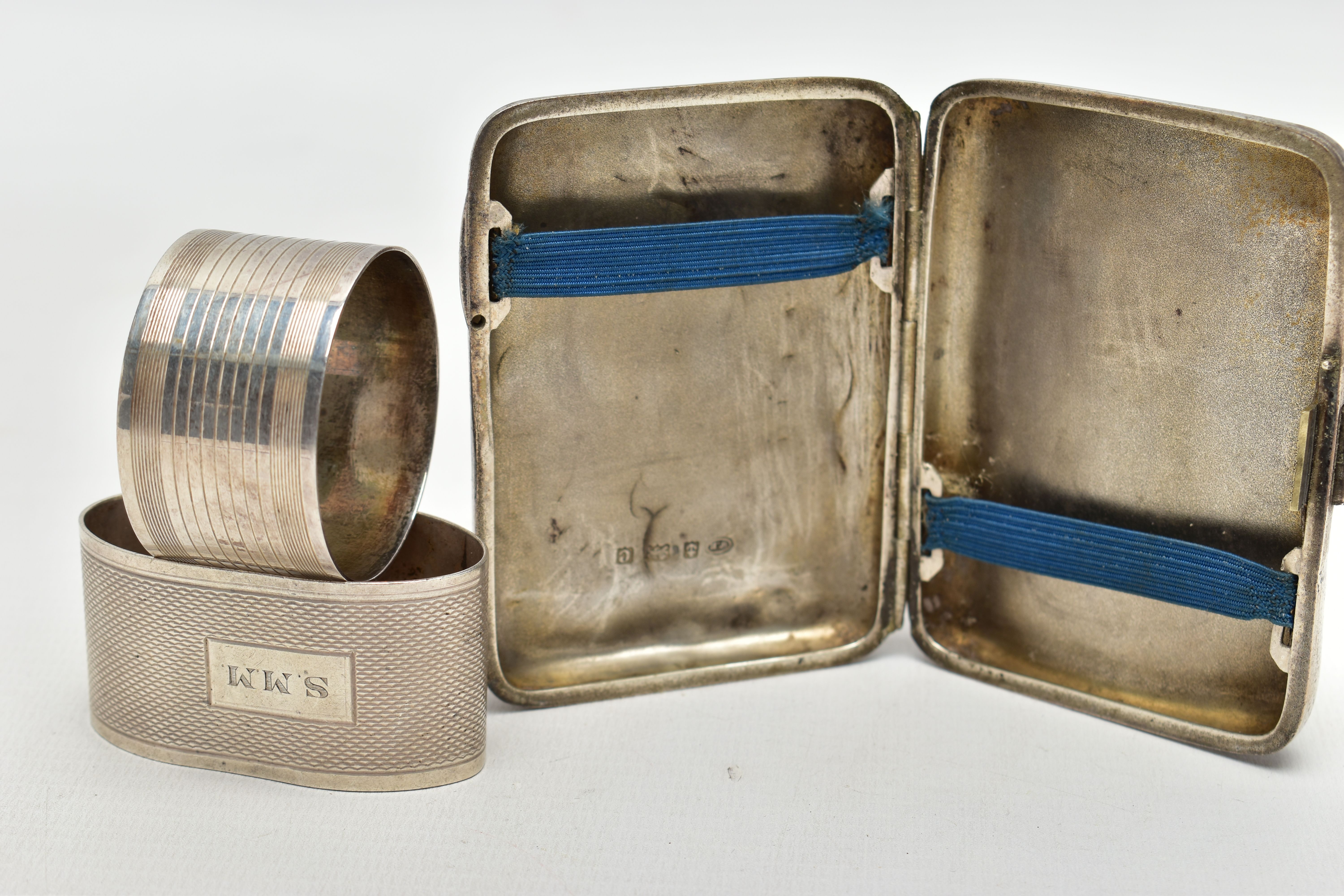 A SILVER CIGARETTE CASE AND TWO NAPKIN RINGS, a rectangular form case, foliage engraving detail, - Image 2 of 2