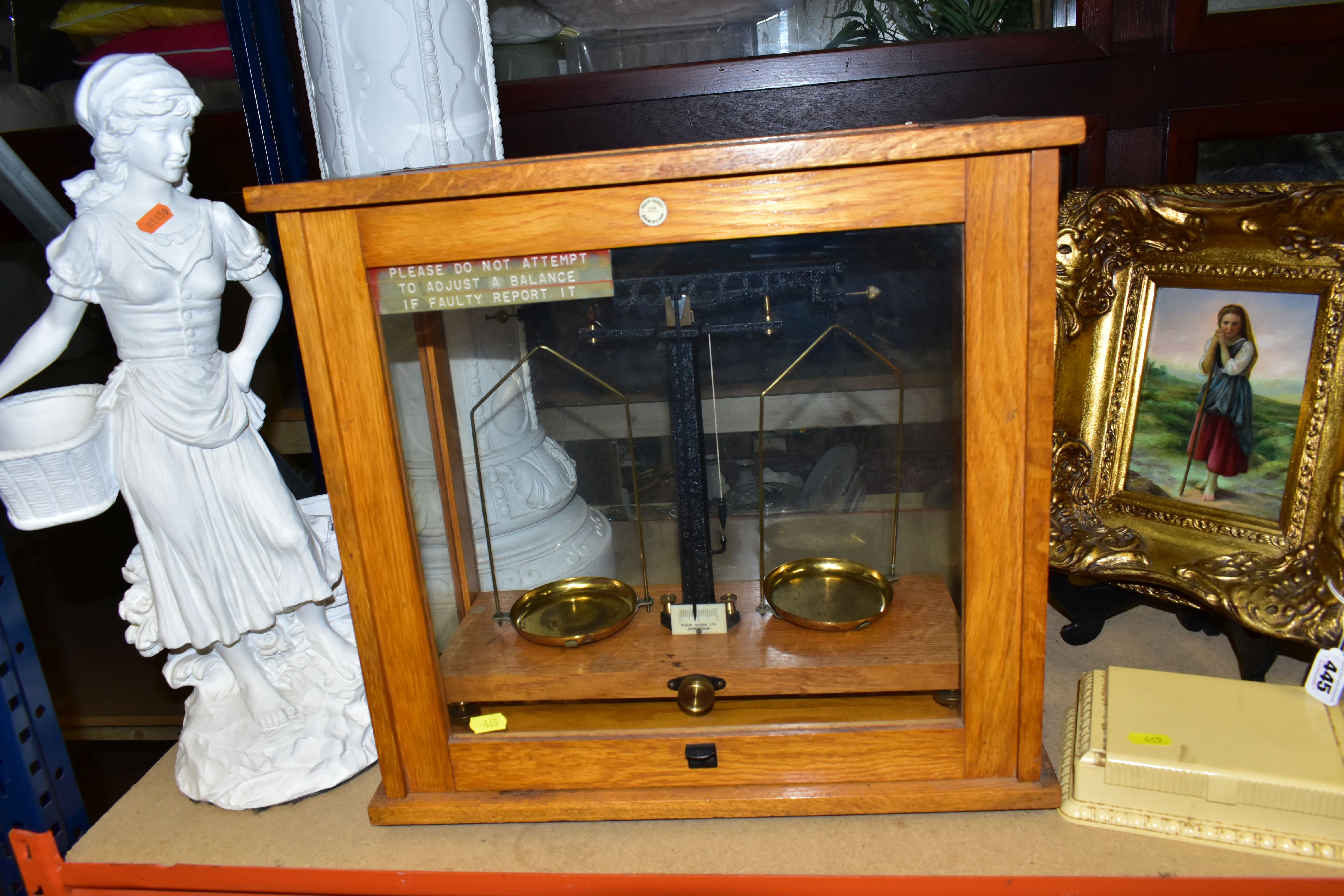 A CASED SET OF PHILIP HARRIS LTD OF BIRMINGHAM SCIENTIFIC BALANCE SCALES, AN OIL PAINTING AND SUNDRY