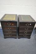 TWO MAHOGANY TWO DRAWER FILING CABINETS, with green leather writing surface, largest width 50cm x