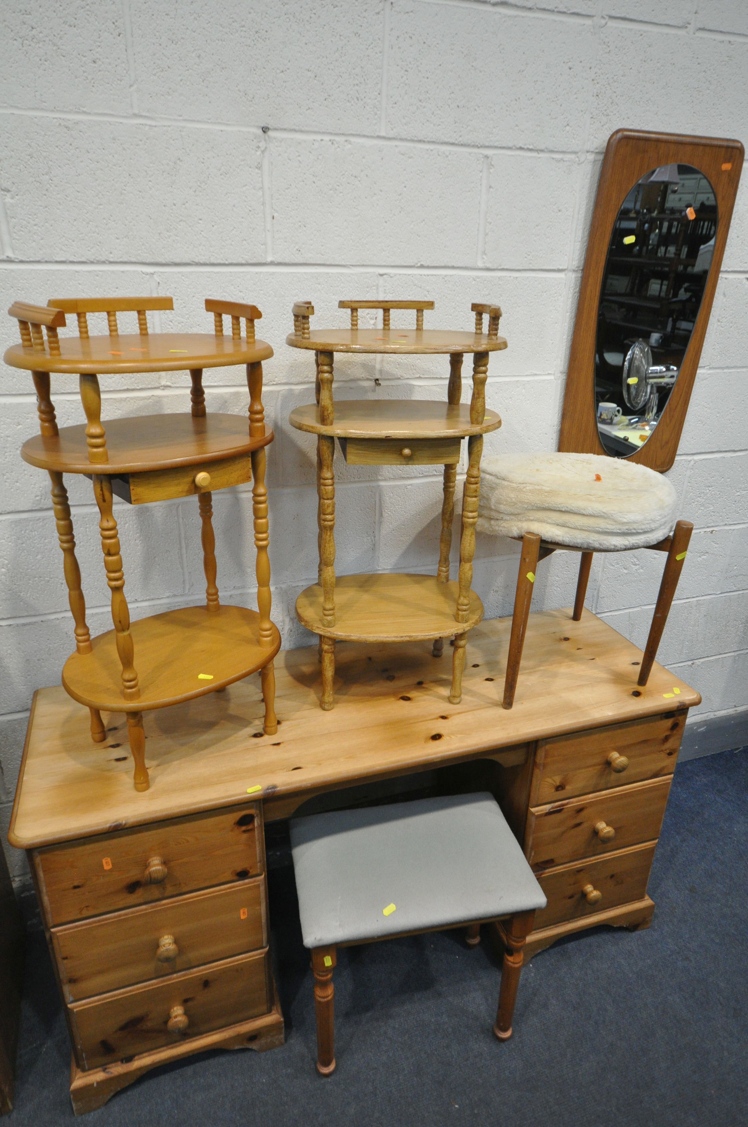 A PINE DRESSING TABLE with six drawers, width 137cm x depth 46cm x height 70cm, with stool, a teak - Image 3 of 4