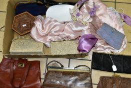 A BOX OF VINTAGE HANDBAGS AND CLUTCH BAGS ETC, to include faux snake skin examples, Gianni Conti