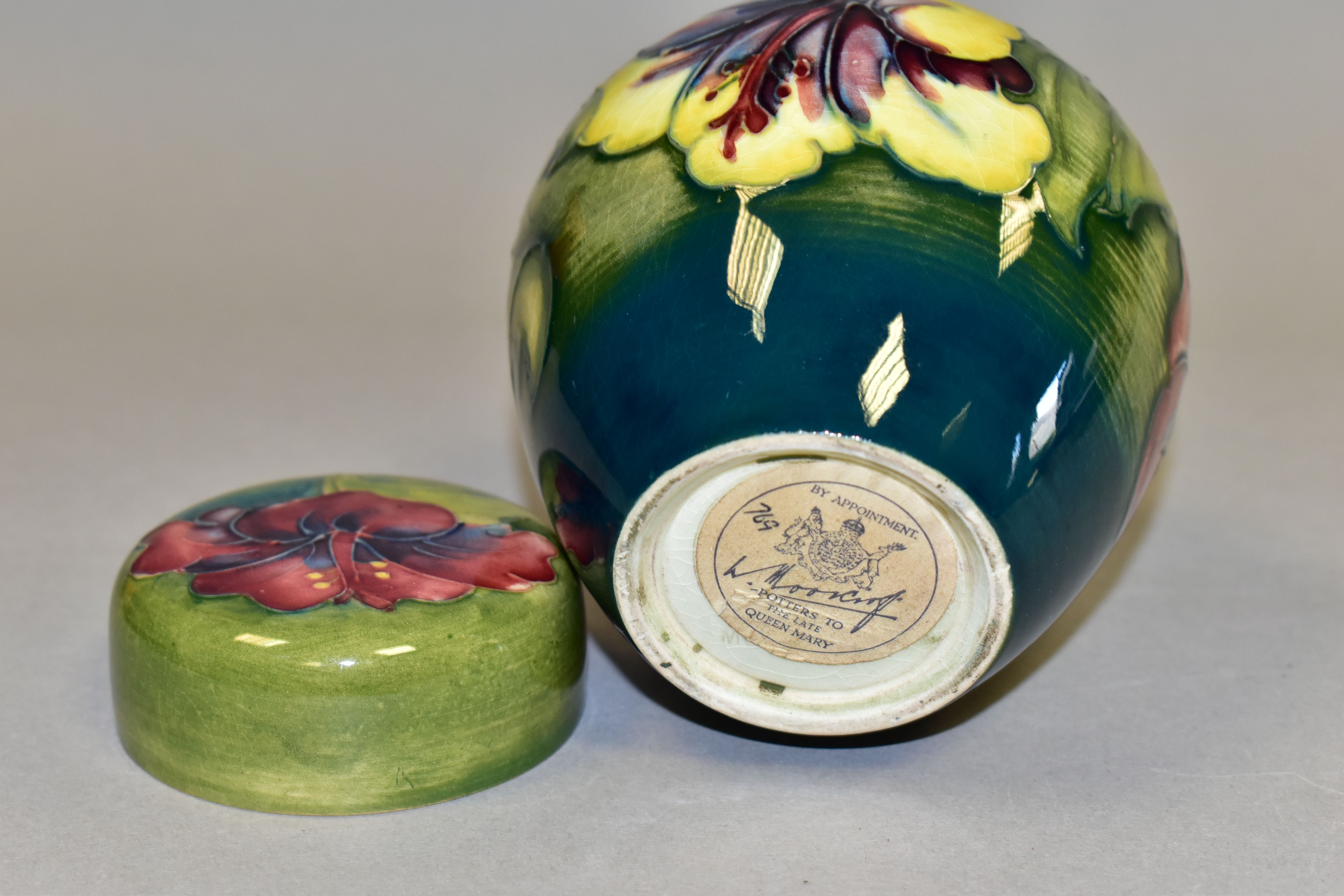 A MOORCROFT POTTERY HIBISCUS PATTERN COVERED GINGER JAR, the green ground decorated with pink, - Image 4 of 4