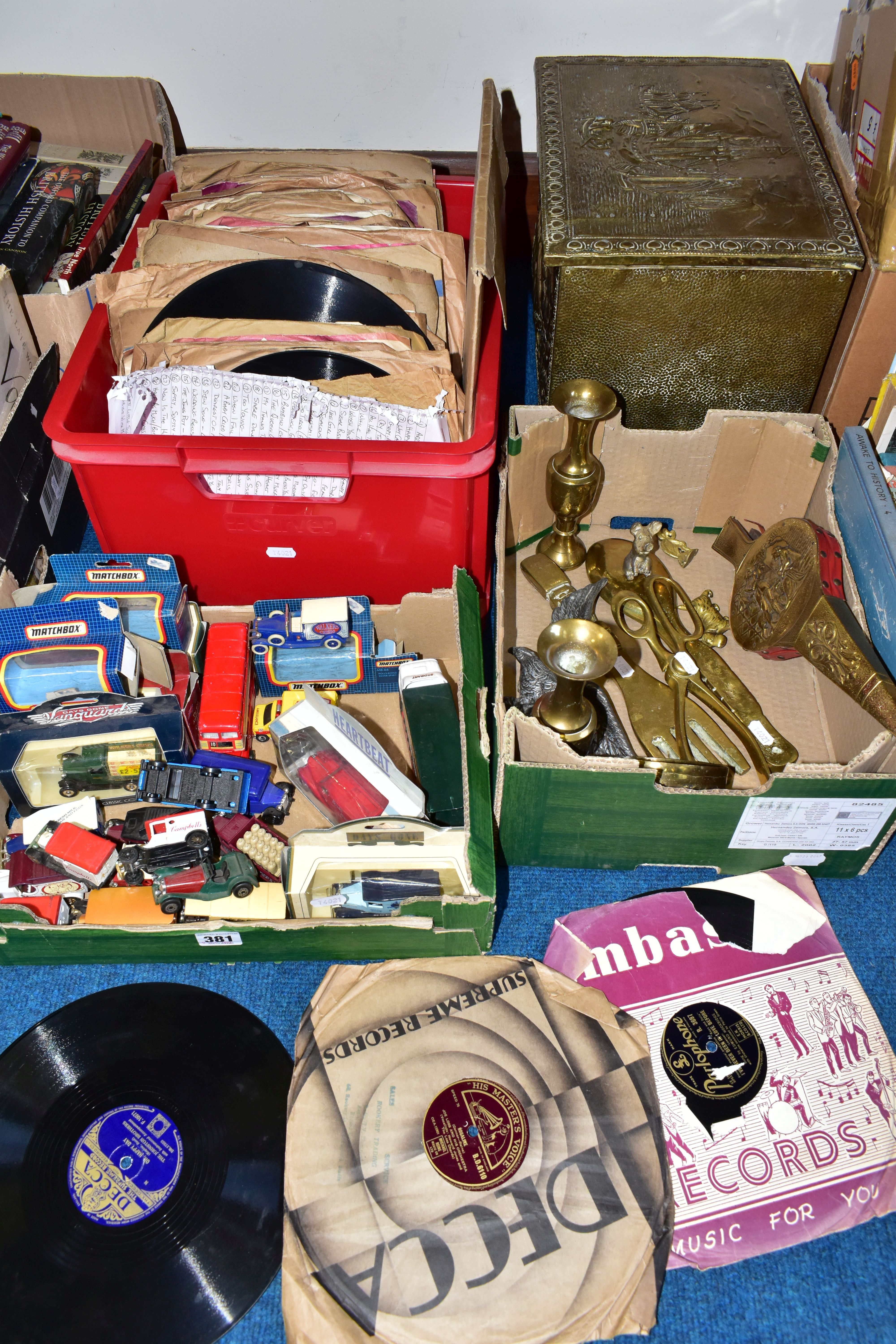 THREE BOXES OF BRASSWARE, 78 RECORDS AND DIECAST CARS, to include a collection of diecast cars and