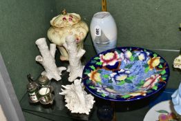 A GROUP OF CERAMICS, comprising a Maling bowl in tube lined peony pattern on a blue ground, diameter