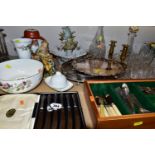 A GROUP OF CUT GLASS, CERAMICS AND CUTLERY, comprising four pieces of Wedgwood 'Hathaway Rose'