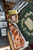 A BOX AND LOOSE MODERN MIRRORS, PICTURE FRAMES AND A COLLECTORS DOLL, including 'Rosalie'