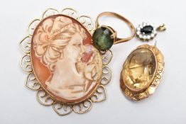 FOUR YELLOW METAL ITEMS OF JEWELLERY, to include a 9ct gold shell cameo brooch depicting a lady in