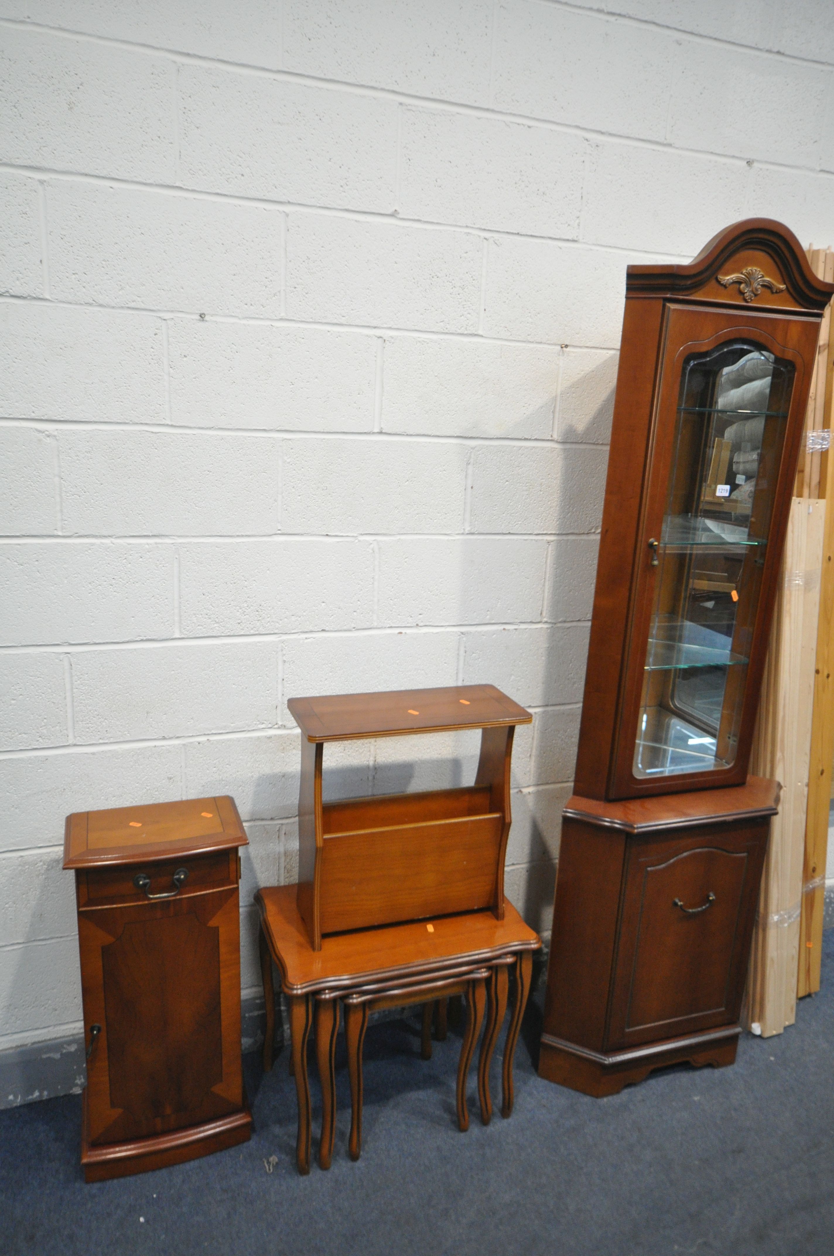 A CHERRYWOOD GLAZED CORNER CUPBOARD, a nest of three tables, yew wood magazine rack, a small - Image 3 of 3