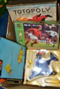 A BOX OF VINTAGE TOYS, to include a boxed Dinky Toys Hawker Harrier no 722, boxed unpainted Airfix