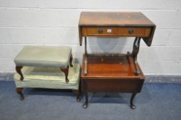 A MAHOGANY LOW SOFA TABLE, with two drawers, a mahogany drop leaf table, a singer sewing machine,
