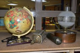A GROUP OF METALWARE AND A GLOBE, the globe is a 1996 Scan Globe (Denmark) World Discoverer &