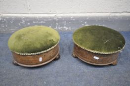 A PAIR OF VICTORIAN WALNUT AND MARQUETRY INLAID FOOTSTOOLS STOOLS, with a fabric lid, enclosing