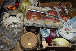 TWO BOXES OF CERAMICS AND SUNDRIES ETC, to include Victoria branded part tea set, a German blue