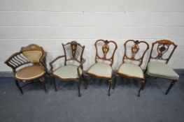 AN EARLY 20TH CENTURY MAHOGANY AND MARQUETRY BONE INLAID ARMCHAIR, united by a shaped stretcher (