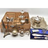 A BOX OF WHITE METAL WARE, to include a four piece EPNS tea service set comprising of a teapot,