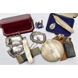 AN ASSORTMENT OF SILVER ITEMS, to include three decanter labels, hallmarked 'Bishton's Ltd'