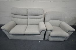 A BEIGE G PLAN TWO PIECE LOUNGE SUITE, comprising a two seater sofa, length 144cm x depth 92cm x