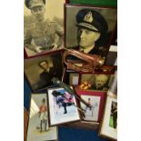 ONE BOX OF MILITARY FRAMED PHOTOS TOGETHER WITH A COPPER AND BRASS MILITARY BUGLE, comprising a