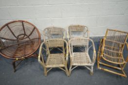 A SELECTION OF CHILDS CHAIRS, to include a spiral rattan chair, four wicker open armchairs, and a