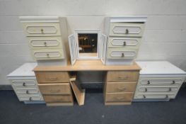 A MODERN DRESSING DESK, with six drawers, a white chest of three long drawers, three matching