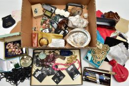 A BOX OF MISCELLANEOUS ITEMS, to include various pieces of costume jewellery, imitation pearl