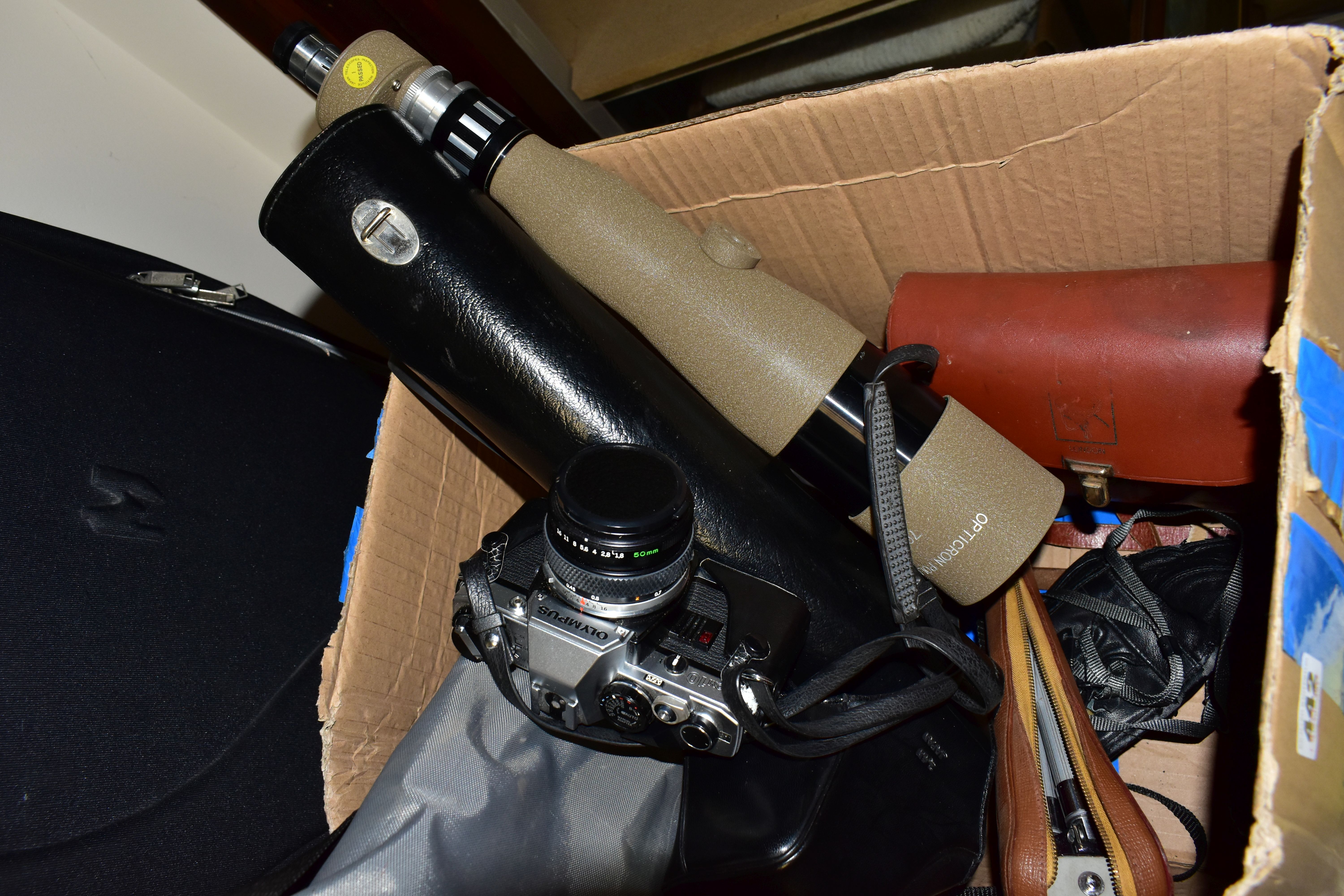 A BOX OF OPTICAL AND PHOTOGRAPHIC EQUIPMENT, to include a cased Opticron Polarex spotting scope with