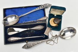 ASSORTED SILVER AND WHITE METAL ITEMS, to include a boxed silver handled button hook and shoe