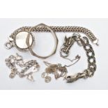 AN ASSORTMENT OF SILVER AND WHITE METAL JEWELLERY, to include a silver fancy link bracelet, fitted