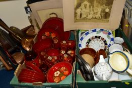 TWO BOXES AND LOOSE CERAMICS, GLASS, METALWARES, AND SUNDRY ITEMS, to include a thirty seven piece