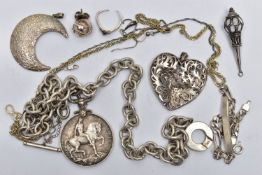 AN ASSORTMENT OF SILVER AND WHITE METAL JEWELLERY, to include a silver figaro chain ID bracelet,