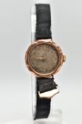A LADIES 1920'S, 9CT GOLD WRISTWATCH, manual wind, round silver dial, gold Arabic numerals, gold