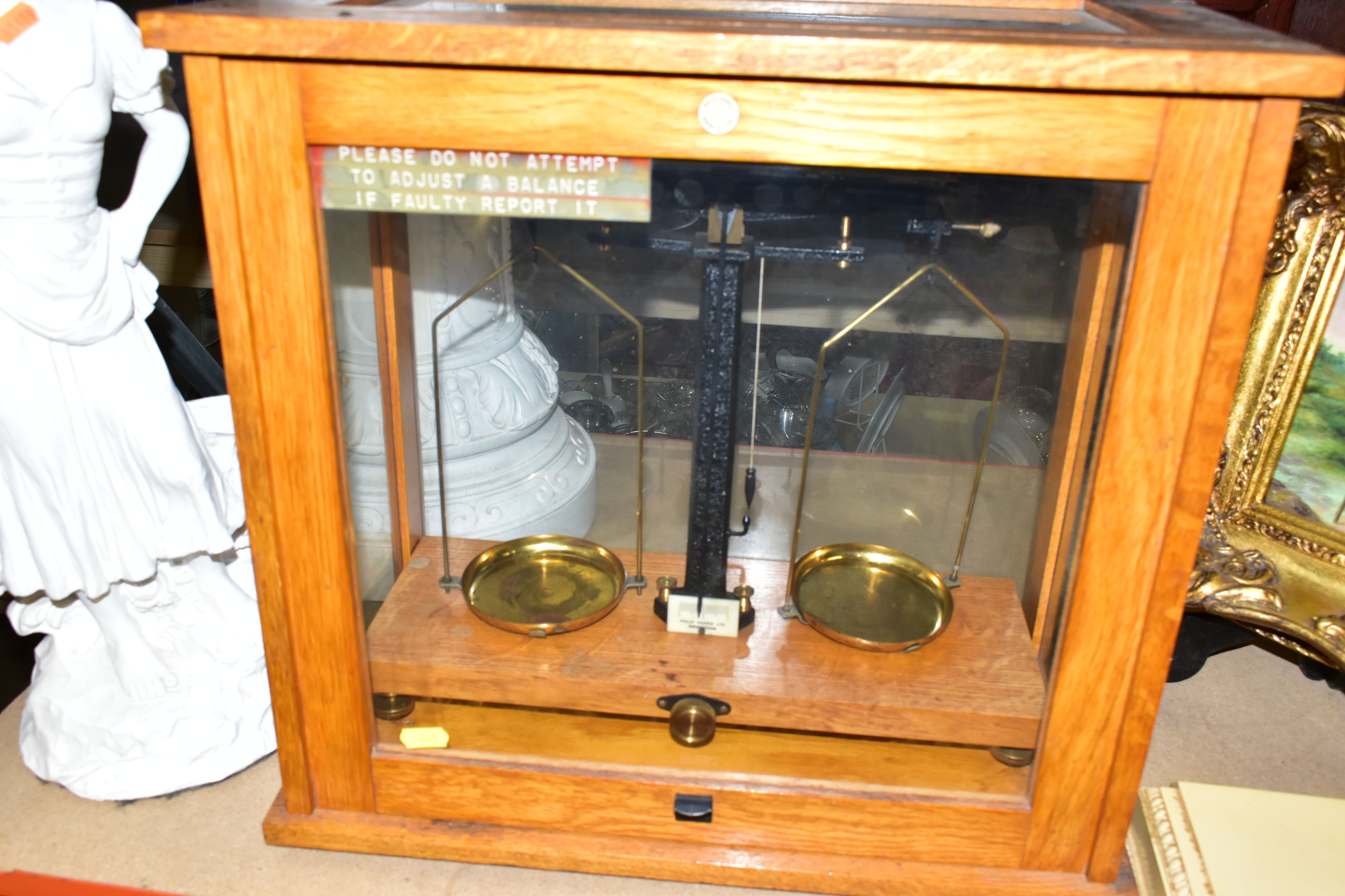 A CASED SET OF PHILIP HARRIS LTD OF BIRMINGHAM SCIENTIFIC BALANCE SCALES, AN OIL PAINTING AND SUNDRY - Image 4 of 6