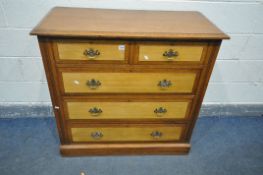 AN EDWARDIAN OAK CHEST OF TWO SHORT AND THREE LONG DRAWERS, width 105cm x depth 48cm x height