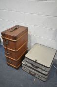 A VINTAGE TRAVELLING TRUNK, and two graduated rev robe cases (3)