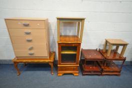 A YEWWOOD HIFI CABINET, a pair of two tier side tables with a single shelf, and a similar coffee
