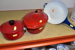 A RED LE CREUSET SAUCEPAN, A BLUE NACCO FRYING PAN TOGETHER WITH A RED COVERED OVEN DISH, the