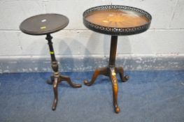 A REPRODUCTION MAHOGANY WINE TABLE, with a starburst detail to the top, and pierced brass gallery,