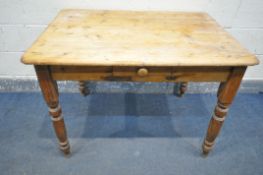 A VICTORIAN PINE RECTANGULAR KITCHEN TABLE, with a single drawer, length 107cm x depth 78cm x height