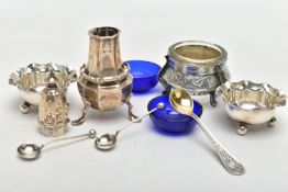 A SELECTION OF SILVER SALT AND PEPPER POTS, to include two early 20th century silver salt dishes,