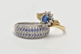 TWO DIAMOND AND GEM SET RINGS, the first a 9ct gold sapphire and diamond cluster ring, the oval